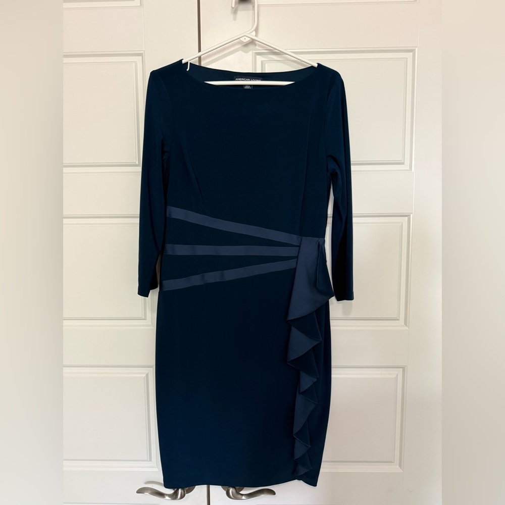 American Living Navy Long Sleeve Sheath Dress with Side Ruffle